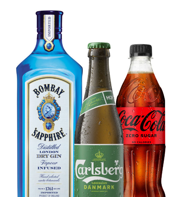 Bombay, Carlsberg og cola zero flasker